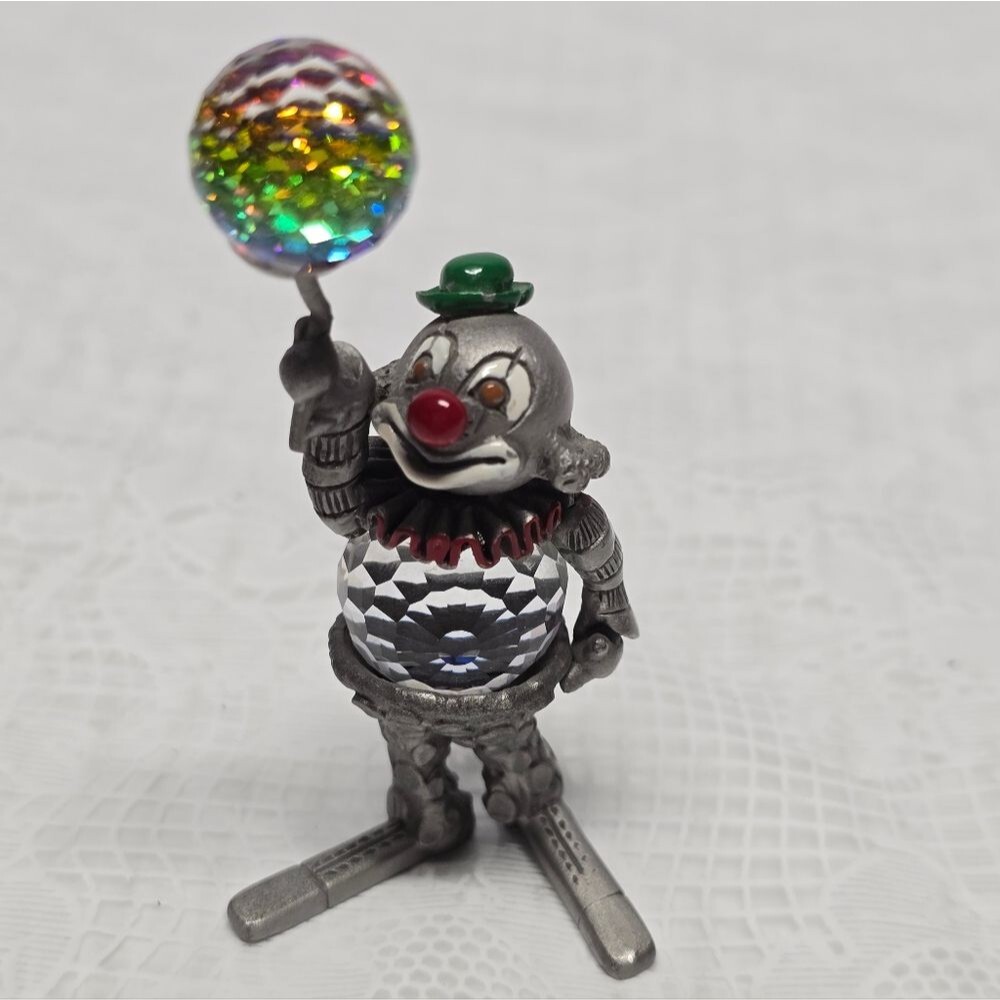 Vintage Fireball Pewter Clown Miniature Figurine With Iridescent Crystal Balloon